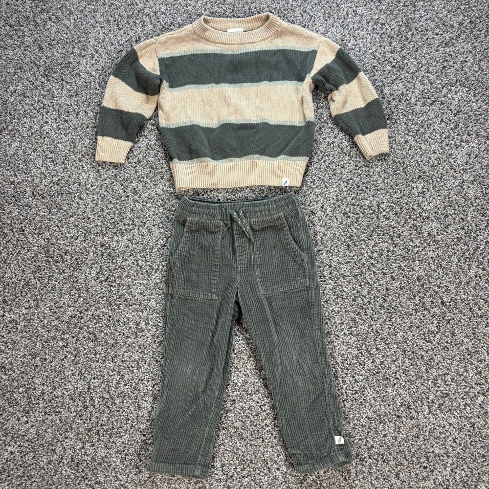 Easy-Peasy Toddler Boys 3T 2pc Set Striped Sweater and Corduroy Pants Olive Tan
